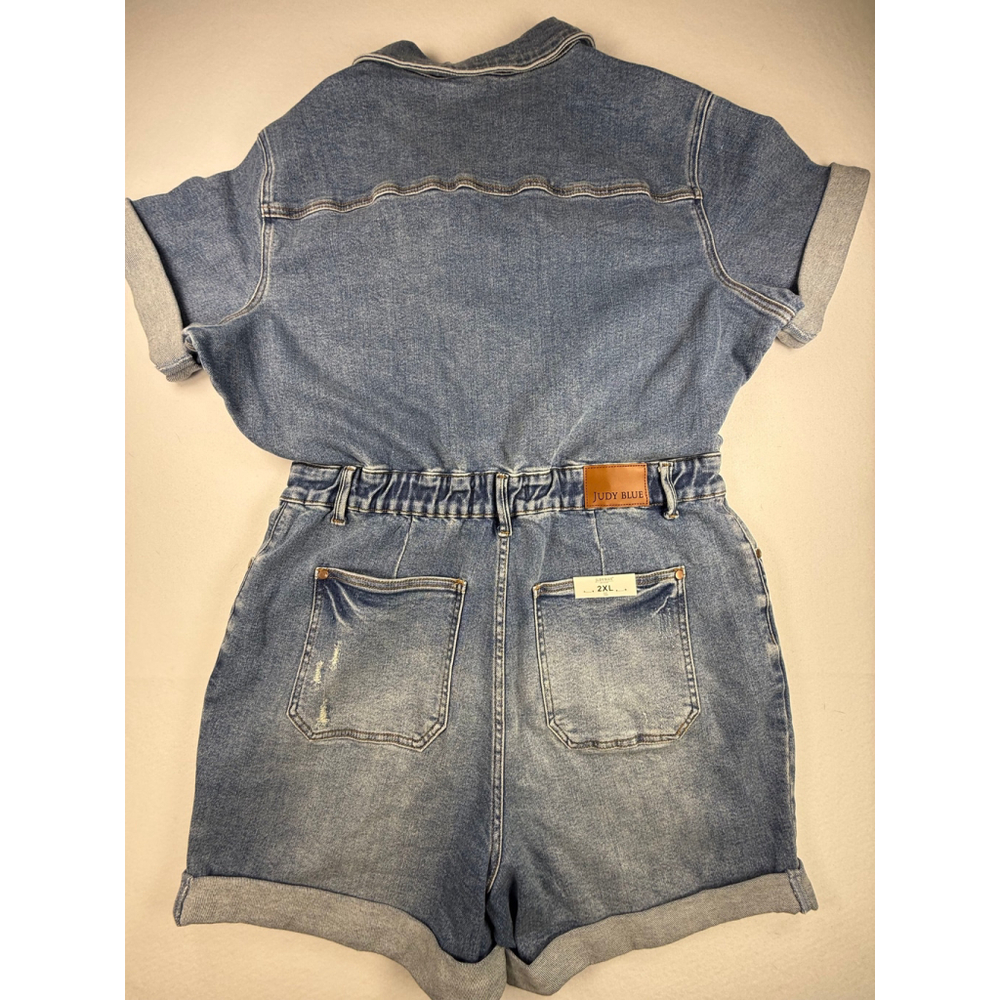 Judy Blue Denim Short Sleeve High Waist Romper Women’s 2XL - Picture 2 of 5